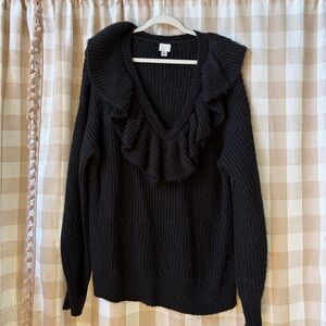 a new day Black Ruffled V-Neck Knit Sweater